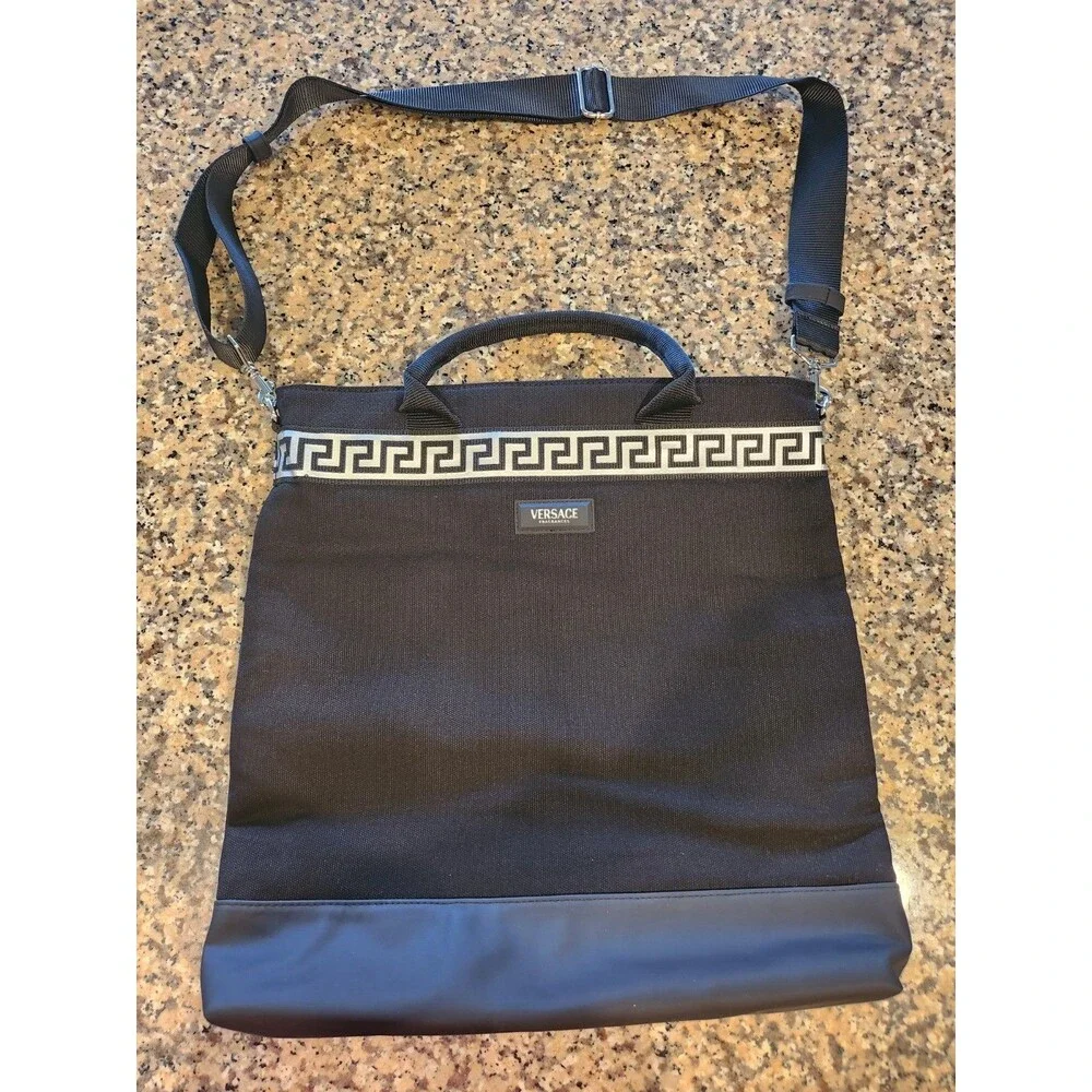 Versace Fragrances Black Canvas Greek Key Silver Accent Zipper Closure